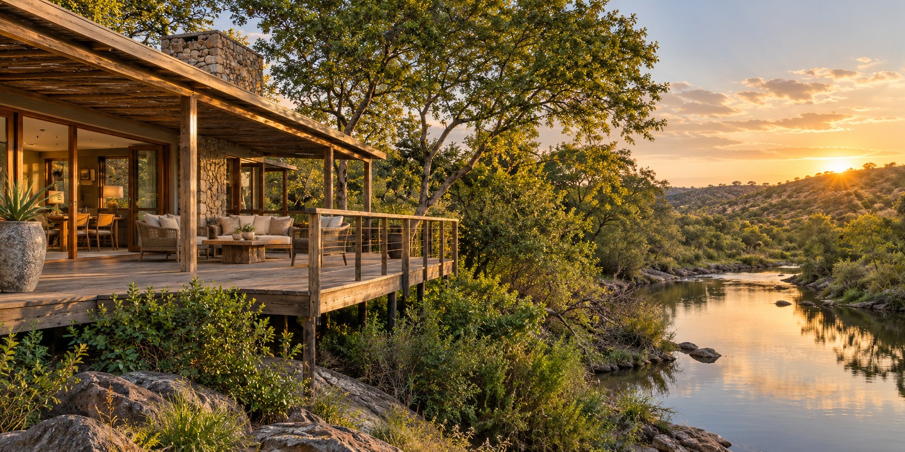Riverside lodge at sunset