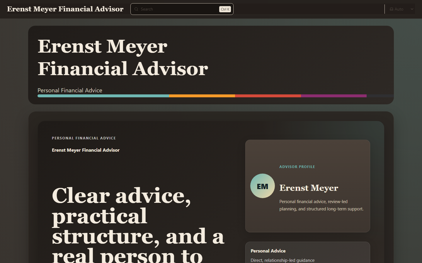 Erenst Meyer Financial Advisor website home page introducing personal financial advice