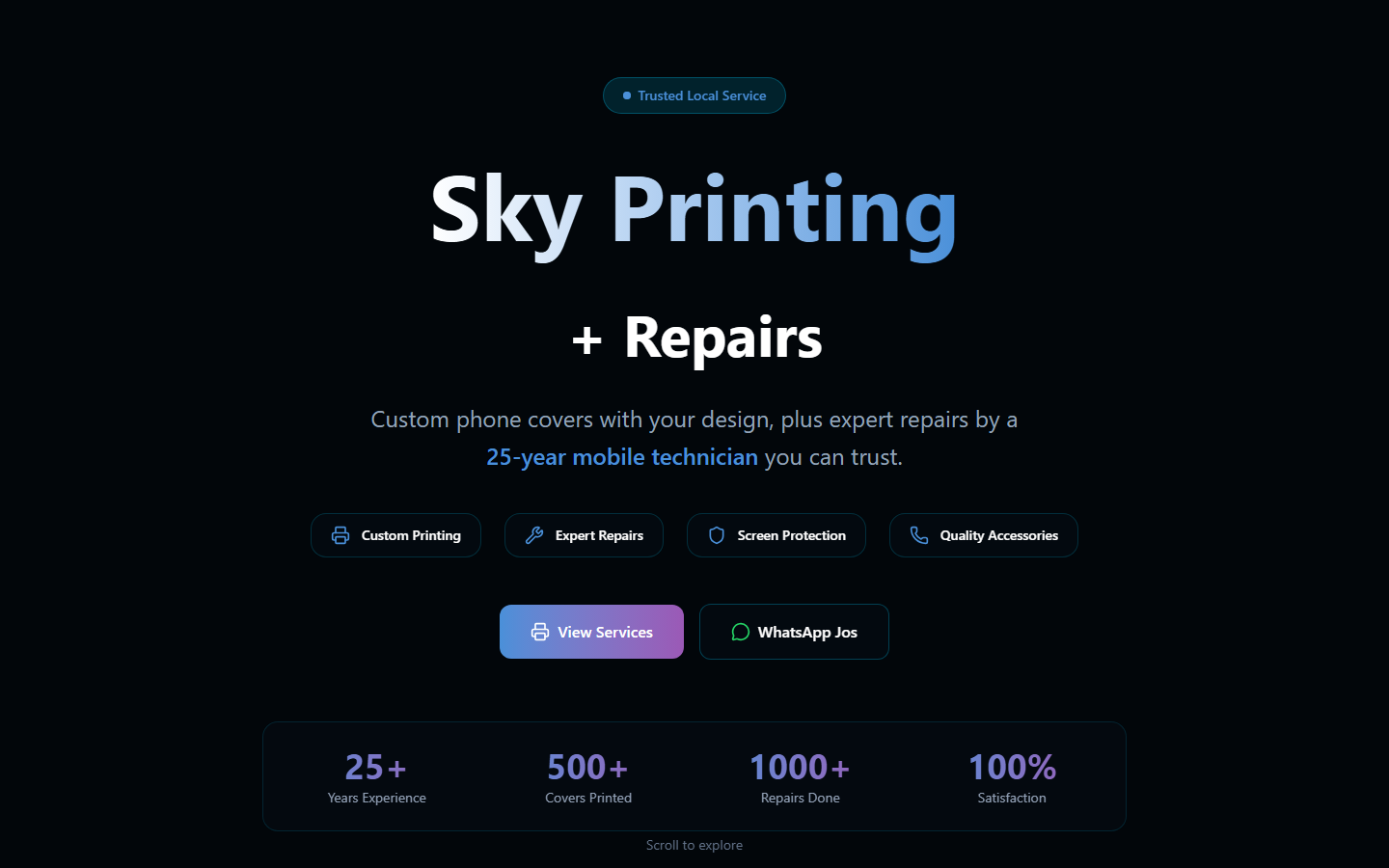 Sky Printing website home page showing printing and phone repair services
