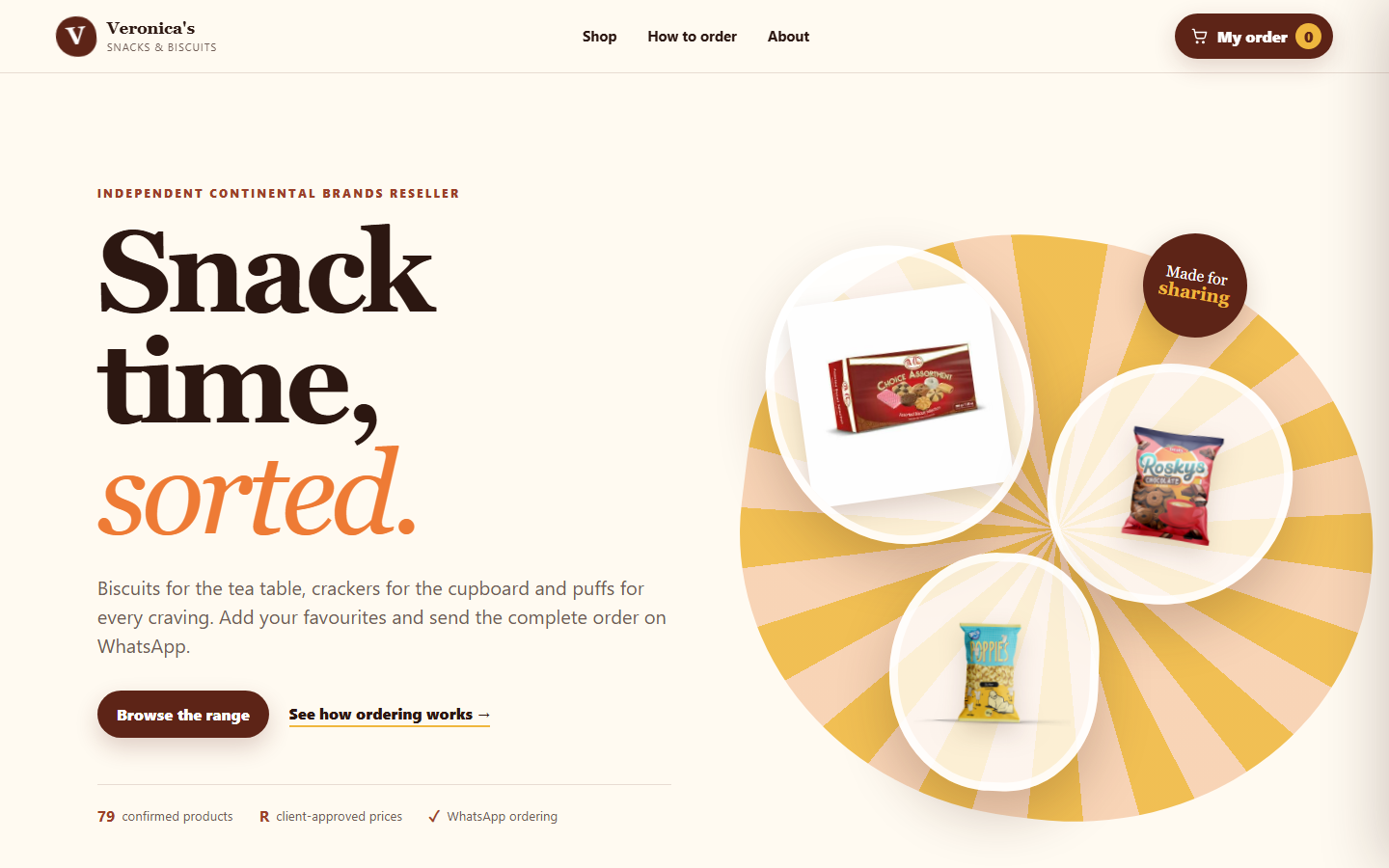 Veronica's Snacks website home page with snack products and ordering options