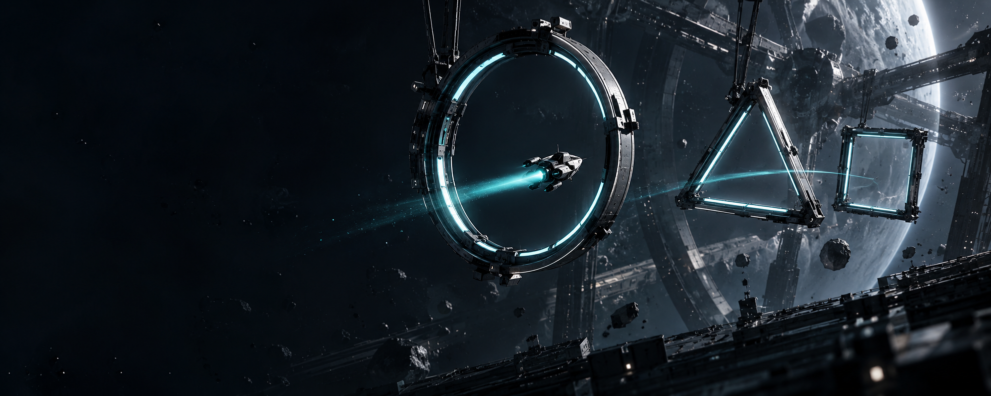 Concept art of a small craft drifting through three illuminated course gates