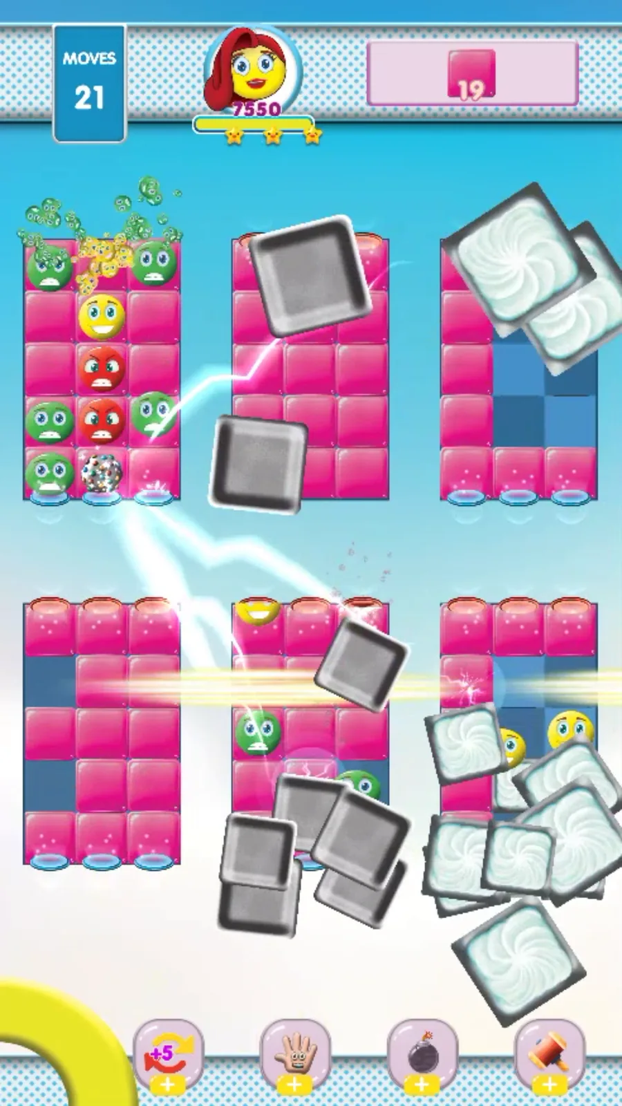 Emoji Match level with changing grid shapes and effects