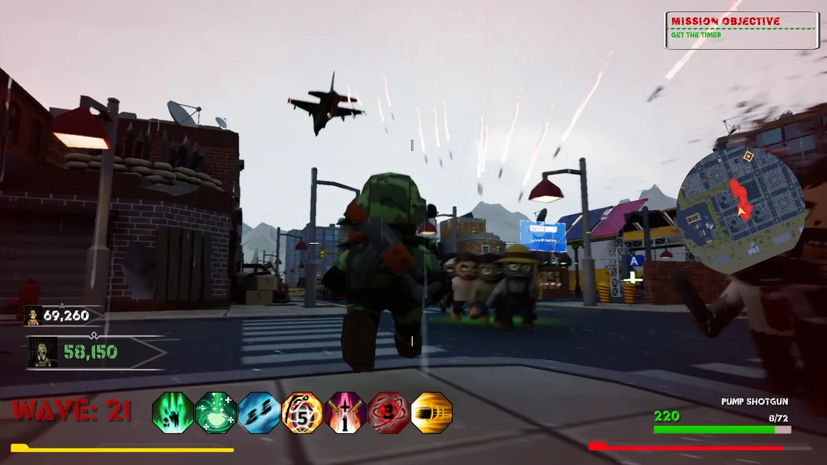 World War ToonZ player facing zombies beneath an aircraft